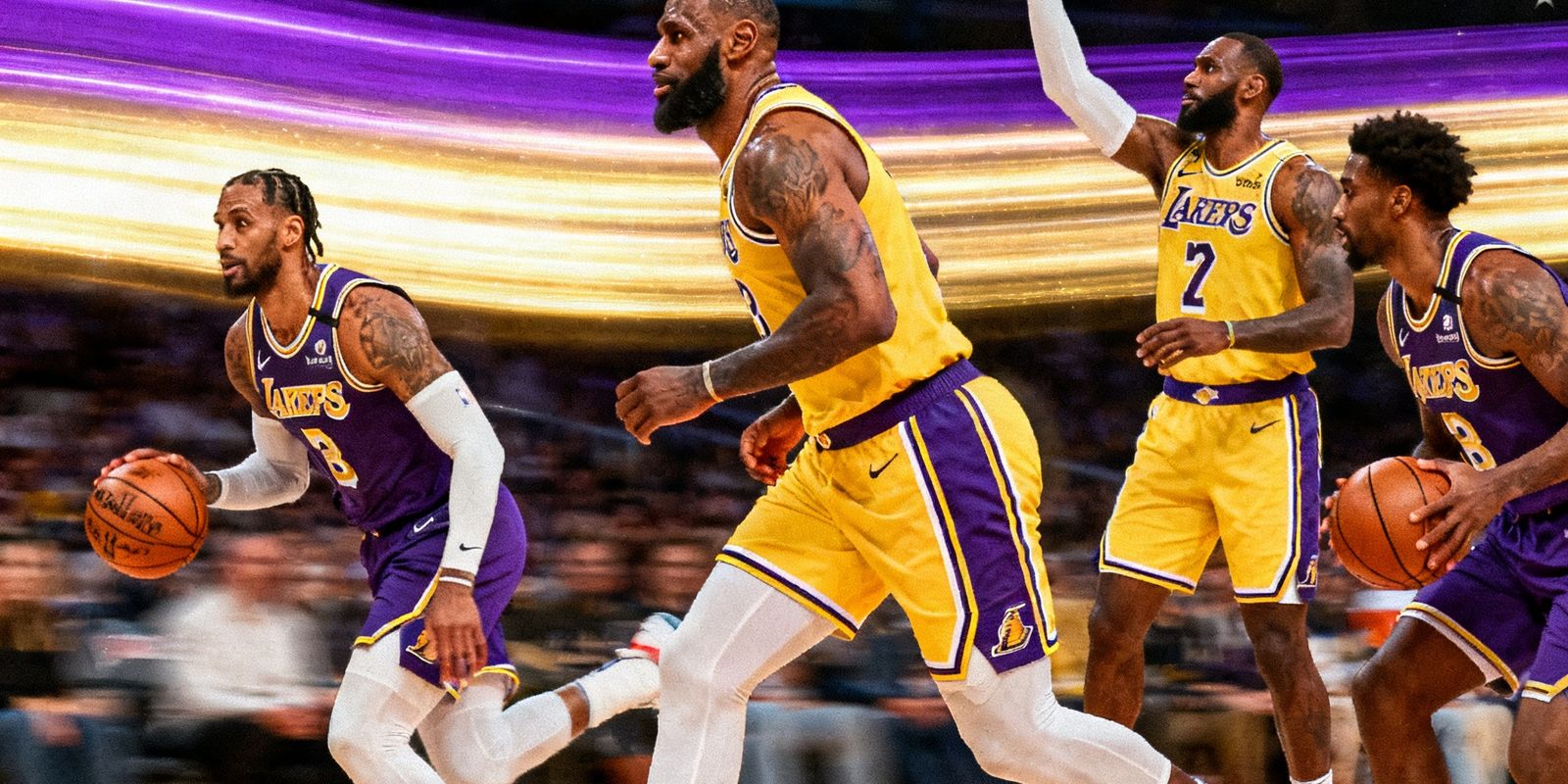 NBA交易新闻配图，湖人队球员在球场上的动态瞬间，背景为球队标志性的紫金色视觉元素